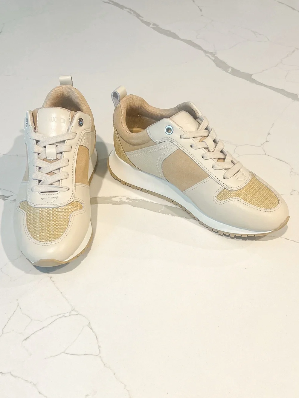 J. McLaughlin Emerson Rattan Leather Suede Tan and Beige Sneakers Womens Sz 7 M